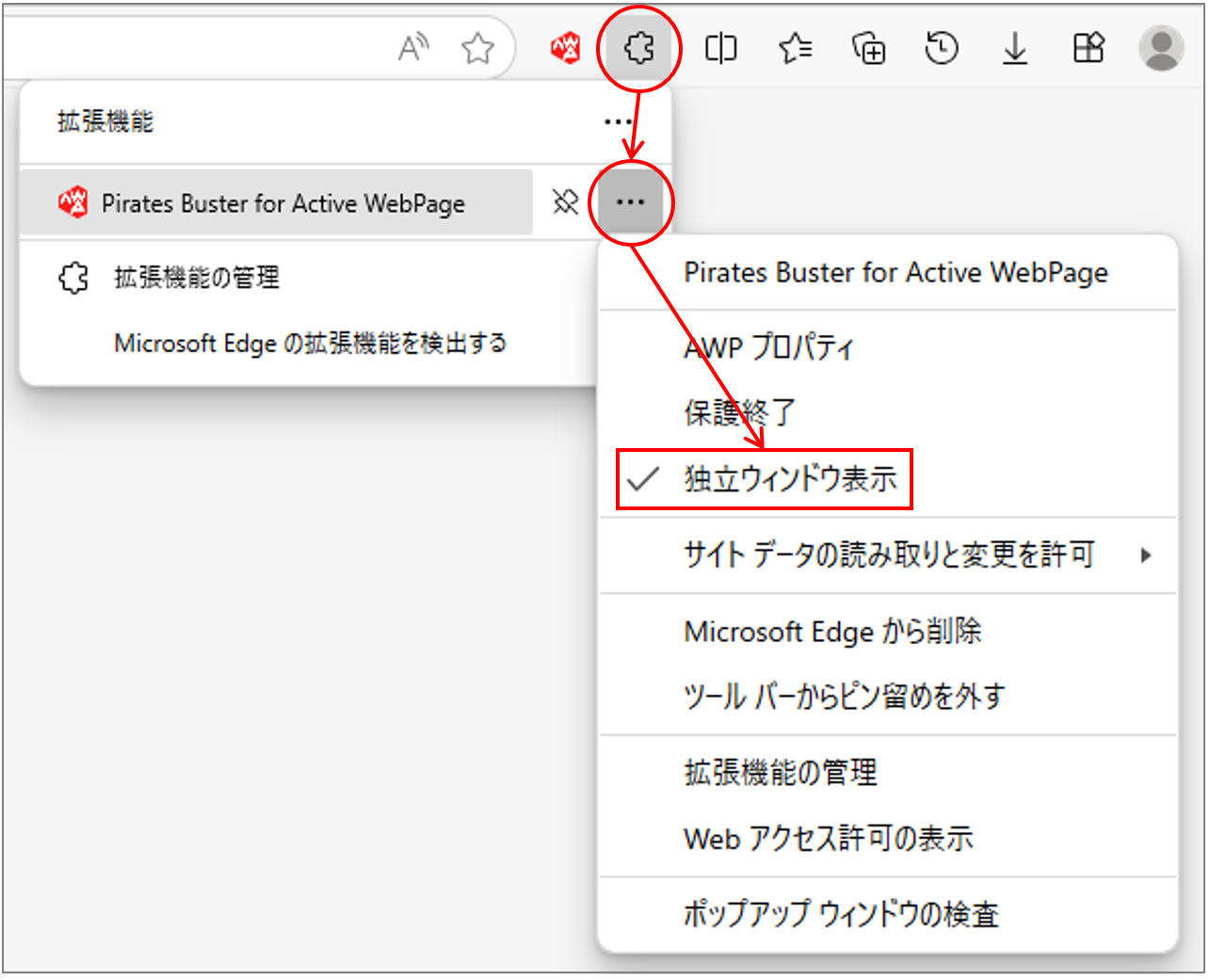 Edgeの独立ウィンドウの設定画面